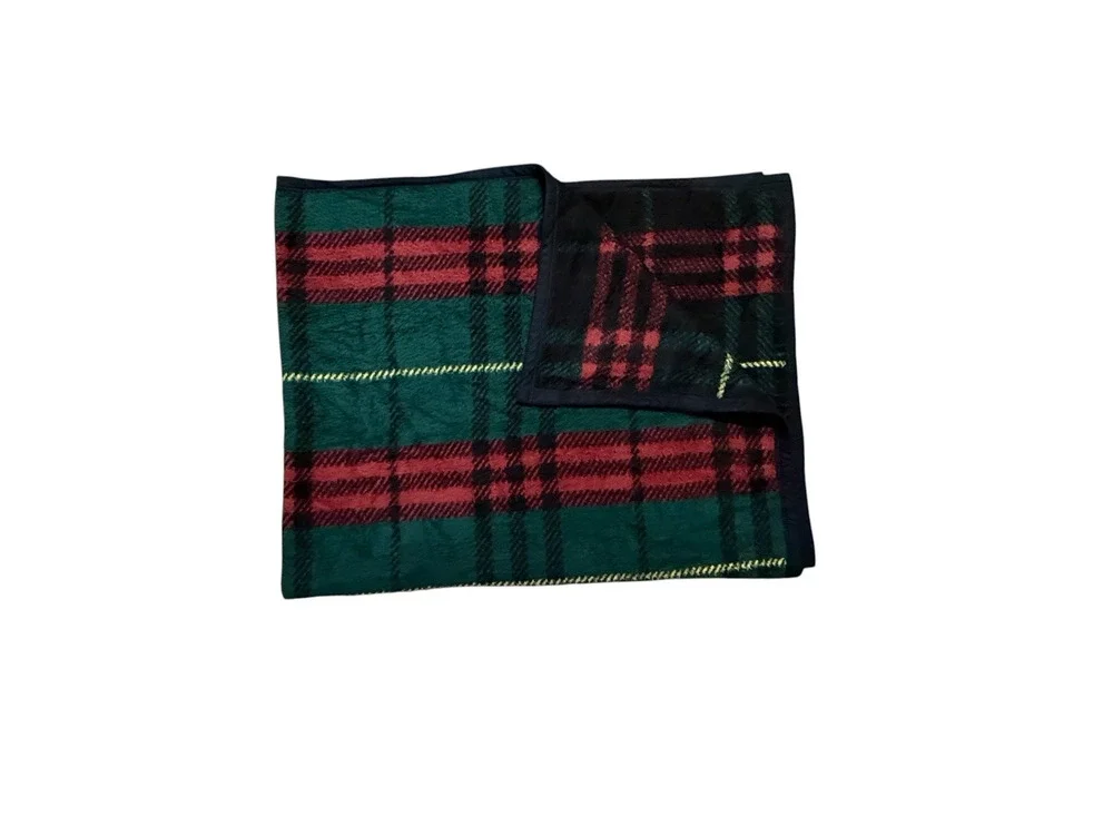 Vintage Reversible Plaid Throw Blanket Green Black Red Quilt Tartan Print Fleece